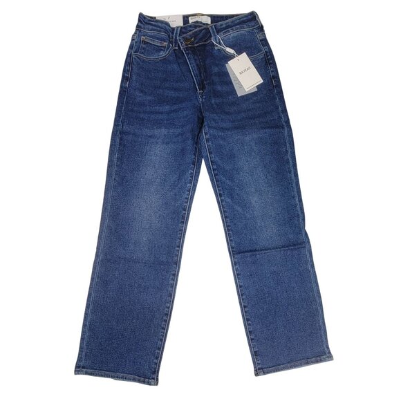 Bayeas Jeans Mid Rise Cross Over Button Straight Leg Denim Womens Size 27 NEW - Picture 1 of 11